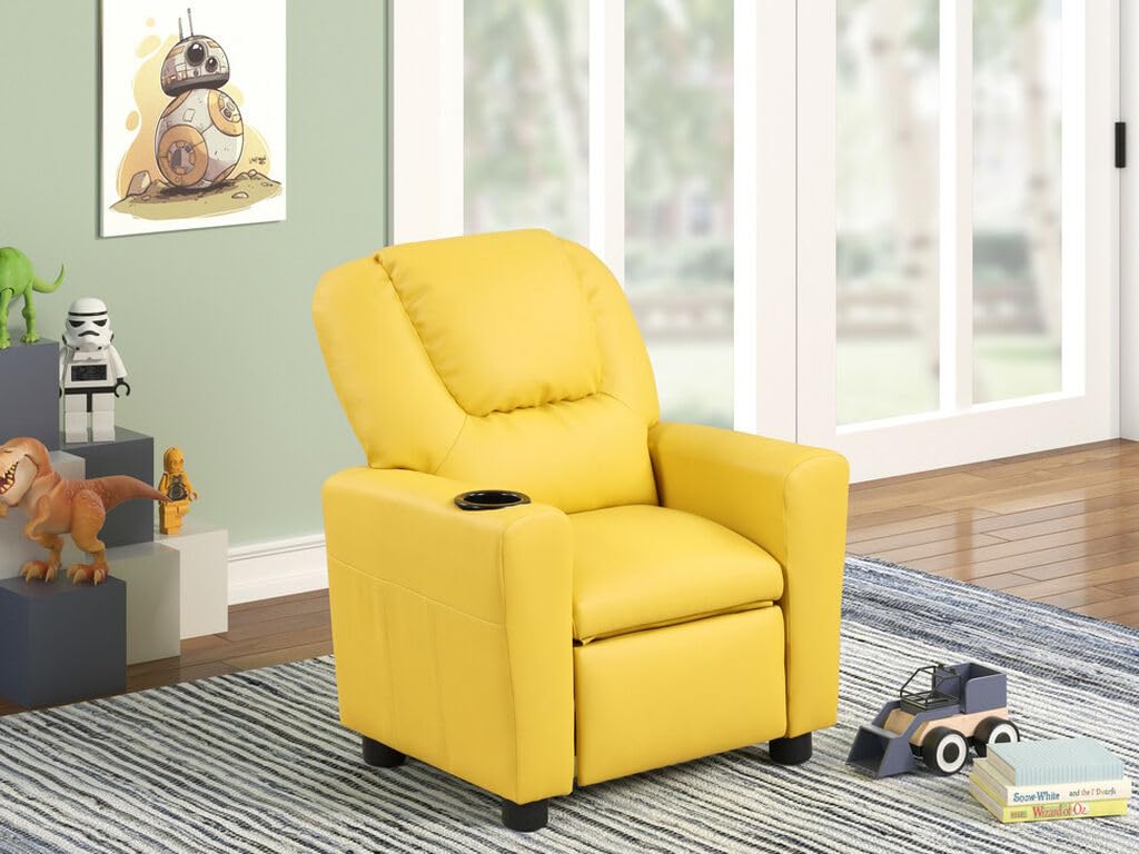 Lilola Home Marisa 23' W Yellow PU Leather Kids Recliner Chair with Cupholder